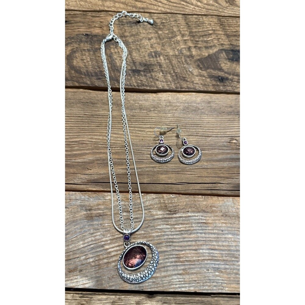 Purple Boho Silver Tone Necklace & Earrings Fashion Costume Jewelry Set
